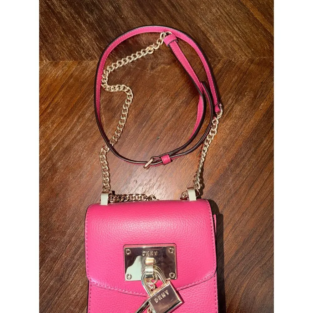 DKNY Pink Pebbled Leather Phone Crossbody Bag Gold Tone Lock Charm Chain Leather - Picture 3 of 11
